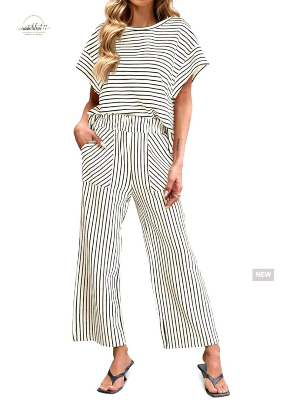 Striped Lounge Set with Pockets, Short Sleeve Top & Wide Leg Pants